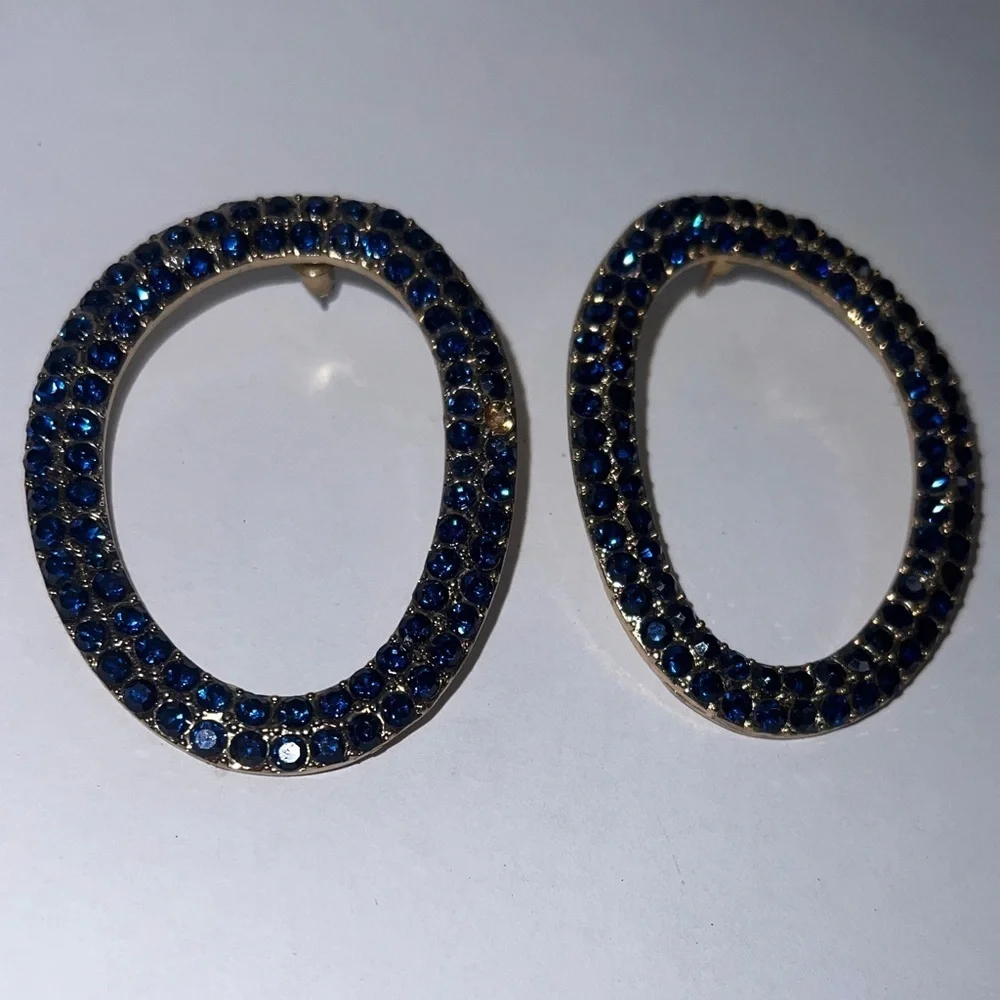 Large Oval Goldtone Navy Blue Crystal Encrusted Pierced Earrings